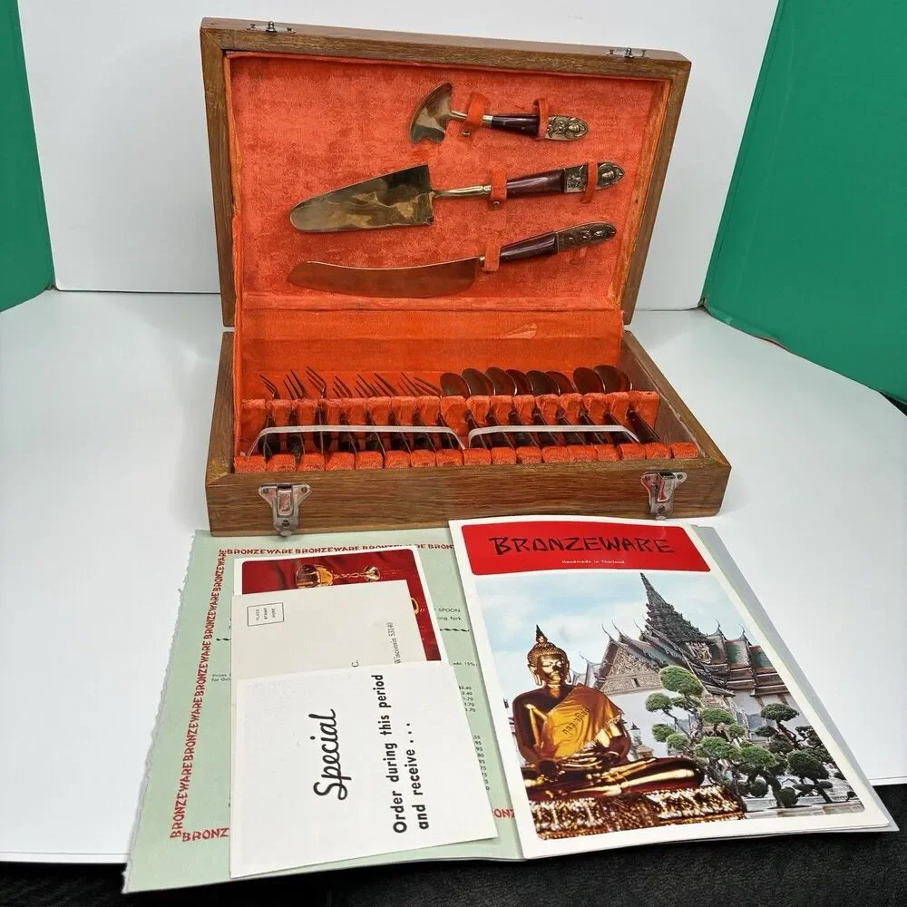 Vintage Thailand Siam Set For 8 Teak Brass Dessert Flatware w/Wooden Case